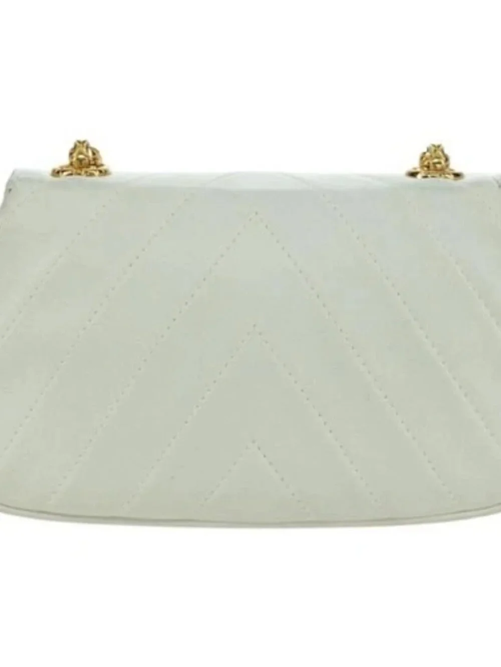 CHANEL Griboa V Stitch Chain Shoulder Bag Leather White Gold CC Auth ARZ551SAV